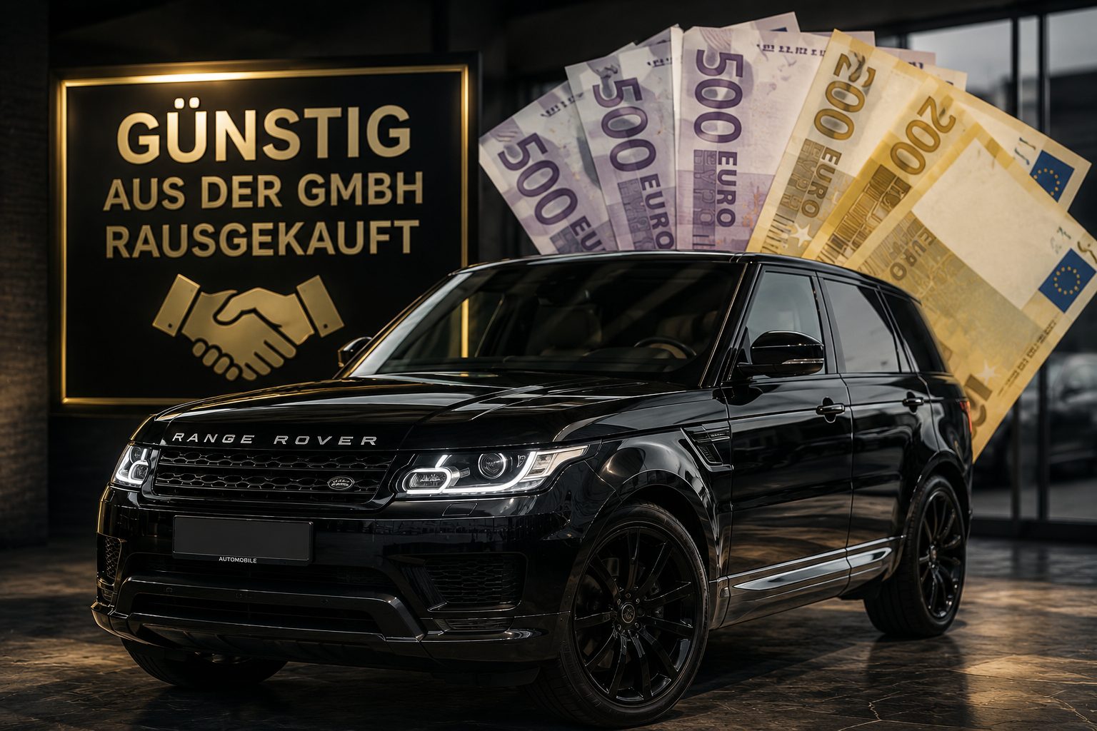 Schwarzer Firmenwagen vor goldenem Schild ‚Günstig aus der GmbH rausgekauft' mit gefächerten 500- und 200-Euro-Scheinen