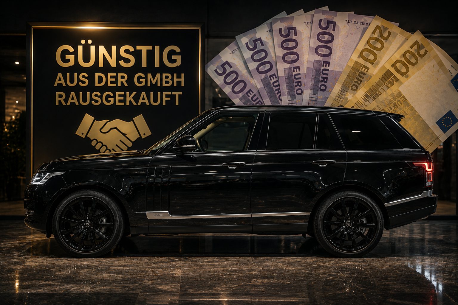 Seitenansicht eines schwarzen Firmenwagens vor Geldschein-Kulisse – Prüfpunkte für die Minderwert-Analyse