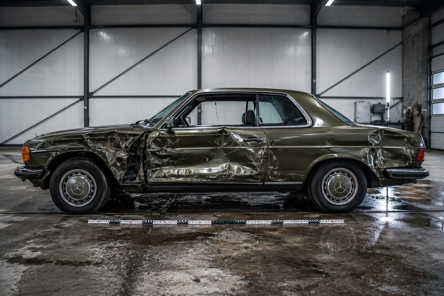 Seitenansicht eines beschädigten Klassiker-Coupés in der Besichtigungshalle mit Messlatte zur Dokumentation