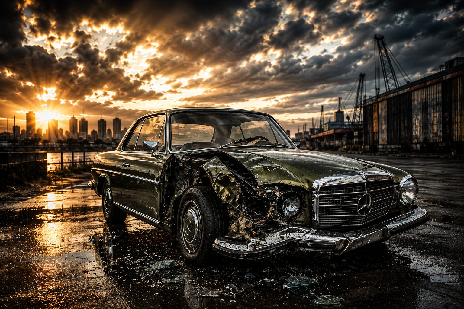 Verunfallter Mercedes-Klassiker mit schwerem Frontschaden vor Industriekulisse im Abendlicht